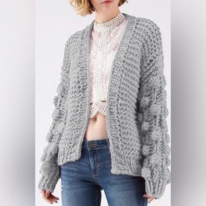Women’s CHICWISH Wool Blend Chunky Pom Pom Sleeve Open Cardigan Sweater Gray M/L